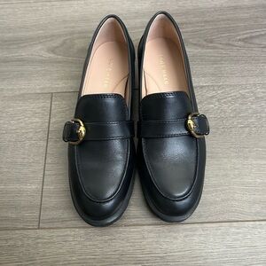 Cole Haan Women's Black Leather Loafers with Gold Buckle